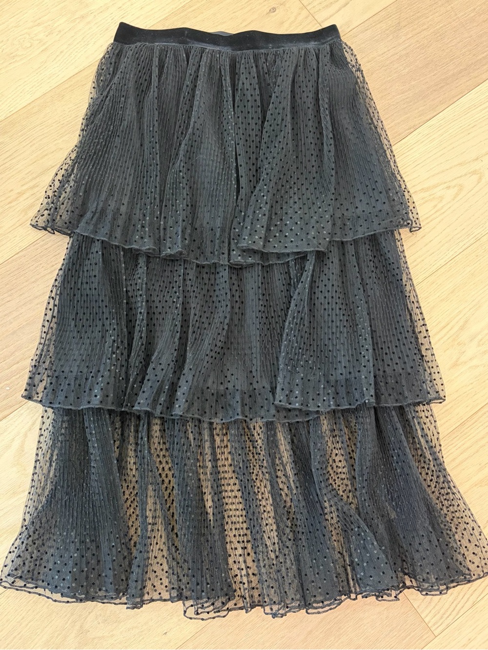 ZARA Black Polka Dot Mesh Tiered Midi Skirt Elastic Waist Pull On Size M
